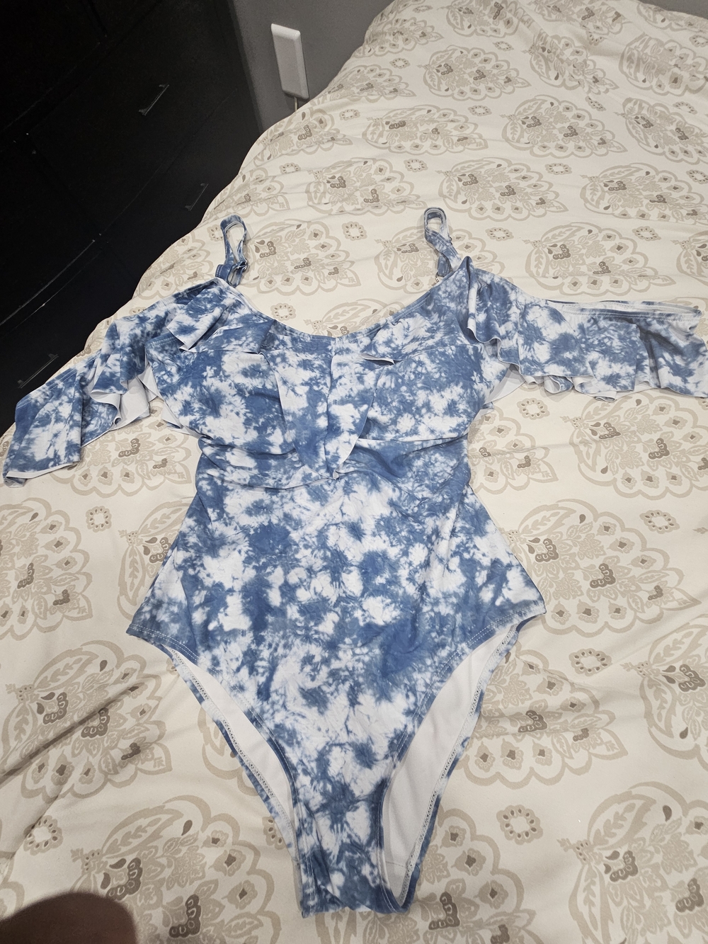 Nicole Miller Blue Tie-Dye Off-Shoulder One-Piece Swimsuit with Ruffle